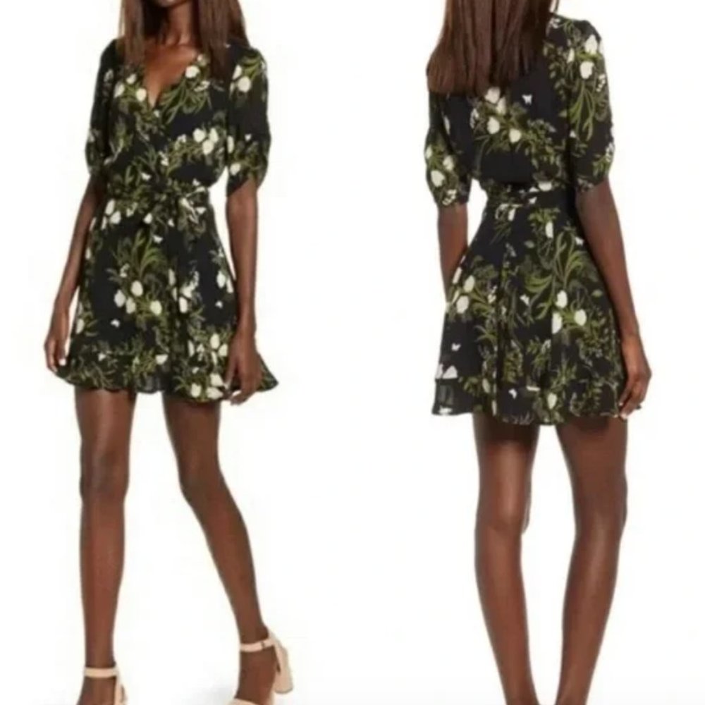 Reformation Monica Anastasia Floral Ruffle V-neck Tie Wrap Mini Dress